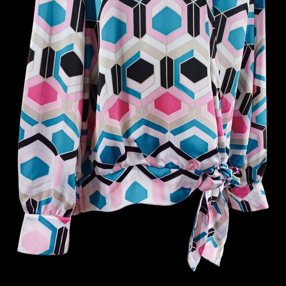 NWT INC Sz XL Geometric Wrap Blouse | Hexagon Print Tie Waist Mod Pop Preppy Top - Picture 5 of 9